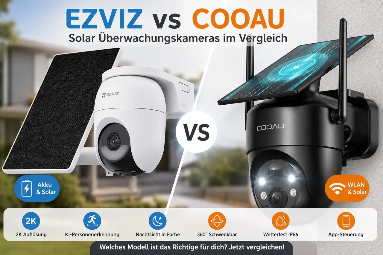 EZVIZ CB8 Lite 4MP Solar-Überwachungskamera gegen COOAU 2K Solar-Akku-Kamera mit 360-Grad-Schwenkkopf – Vergleich 2026